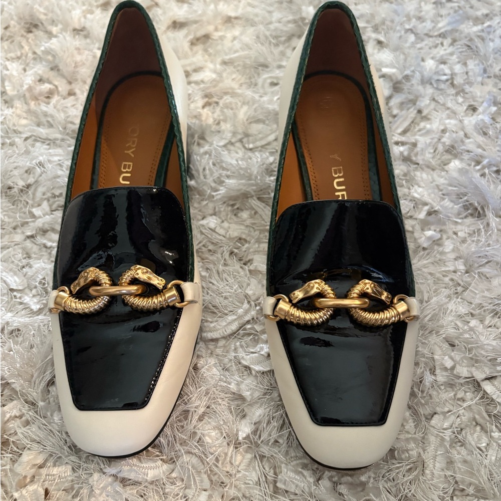 Tory Burch Black and Cream Loafers with Gold Chain